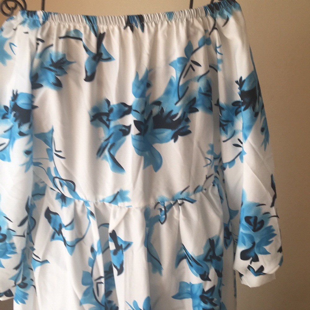 Off the Shoulder White and Blue Print Dress